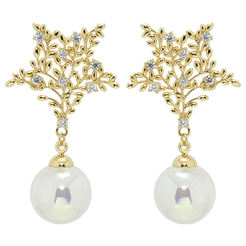 Сережки Xuping QQMM Позолота 14K пусети Зірки з перлинними підвісками фото №1 Сережки Xuping QQMM Позолота 14K пусети Зірки з перлинними підвісками фото №1