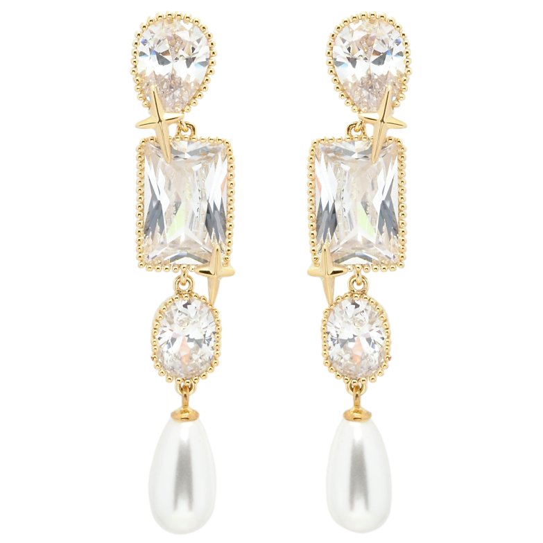 Сережки Xuping QQMM Позолота 14K пусети Кристальні підвіски з перлами фото №1 Сережки Xuping QQMM Позолота 14K пусети Кристальні підвіски з перлами фото №1