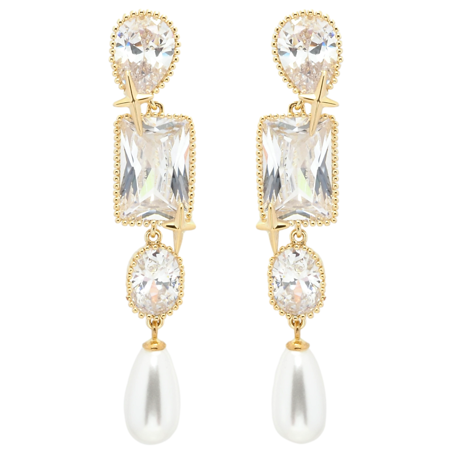 Сережки Xuping QQMM Позолота 14K пусети Кристальні підвіски з перлами фото №1 Сережки Xuping QQMM Позолота 14K пусети Кристальні підвіски з перлами фото №1