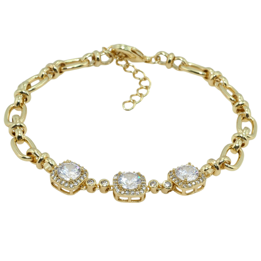 Браслет Xuping QQMM Позолота 14K Ланцюжок із вставкою три фіаніти довжина з дод. ланцюжком 16-19см х 5мм фото №1 Браслет Xuping QQMM Позолота 14K Ланцюжок із вставкою три фіаніти довжина з дод. ланцюжком 16-19см х 5мм фото №1