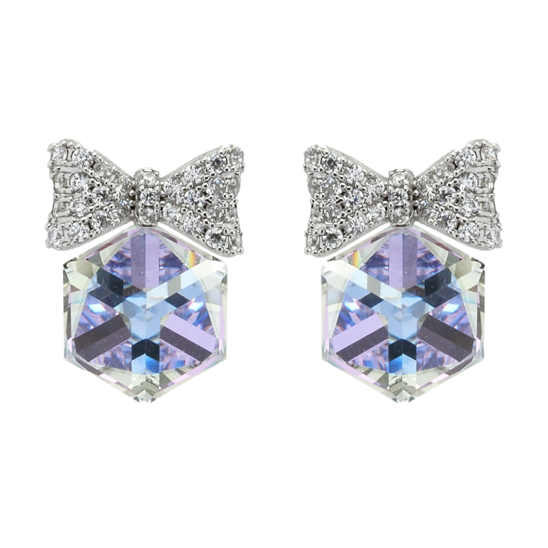 Серьги Xuping цвет Родий с кристаллами Swarovski пусеты Кристальные кубики Smoky Mauve с бантами фото №1