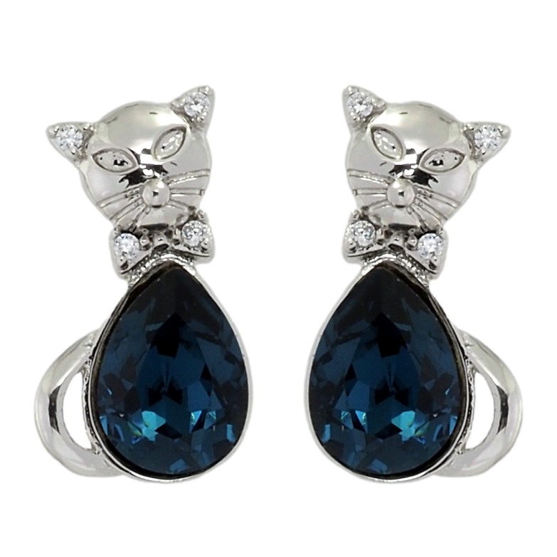 Сережки Xuping колір Родій з кристалами Swarovski пусети Кішки з кристалами Montana фото №1 Сережки Xuping колір Родій з кристалами Swarovski пусети Кішки з кристалами Montana фото №1